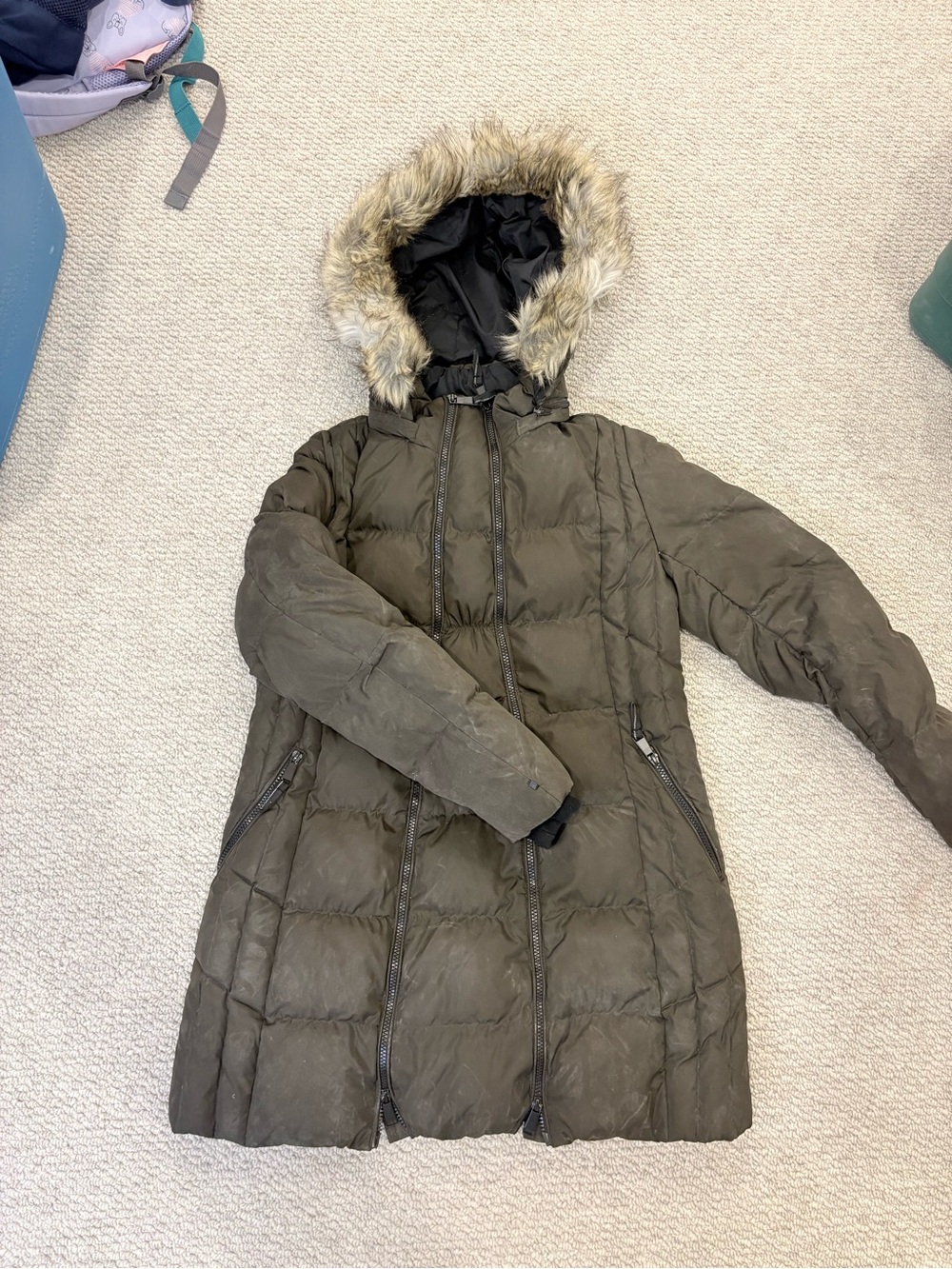 Thyme Maternity Olive Green Quilted Puffer Coat with Faux Fur Hood